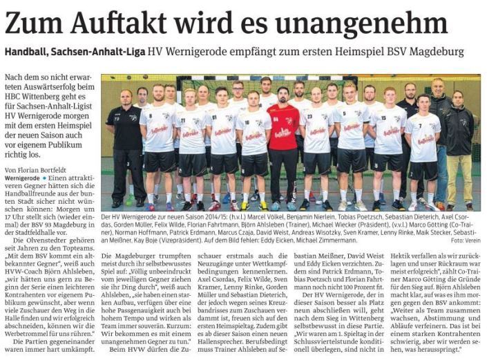 Vorbericht Volksstimme auf das Spiel gegen BSV 93 Magdeburg